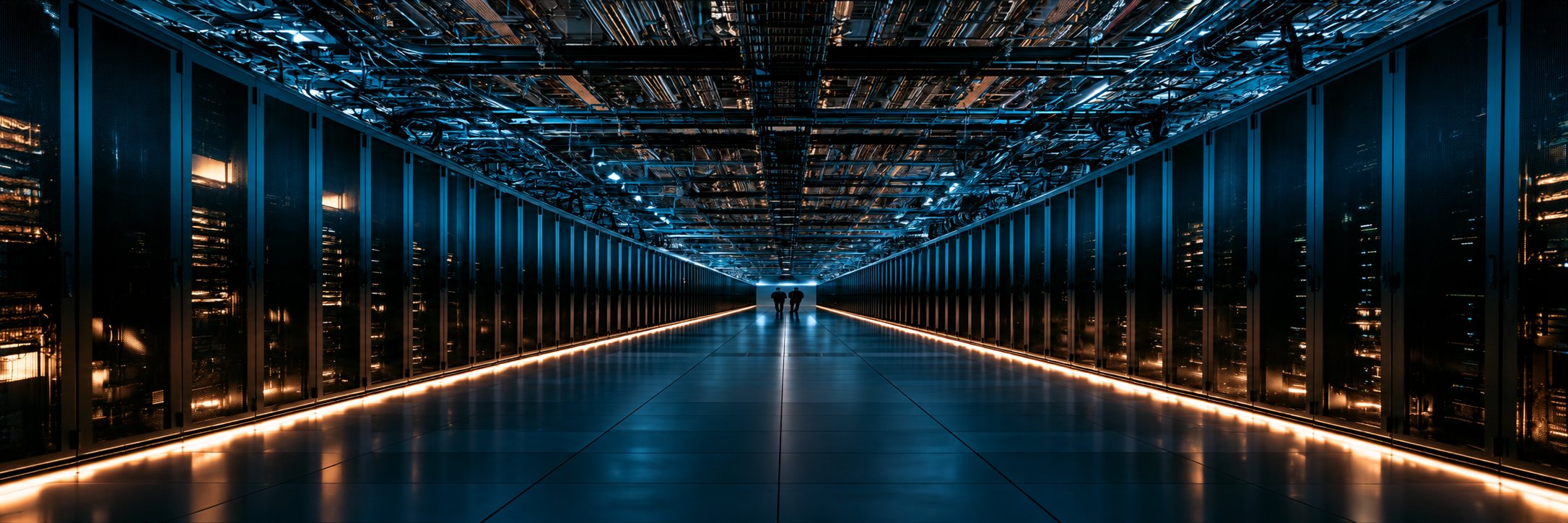 Two people walking through a vast enterprise data-centre corridor, illustrating the scale of the systems beneath data, automation and AI